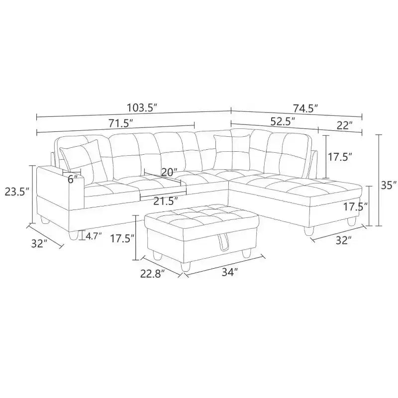 Canapé d'angle en similicuir blanc et noir – Design moderne en L, coussins capitonnés, pouf de rangement, décoration intérieure élégante