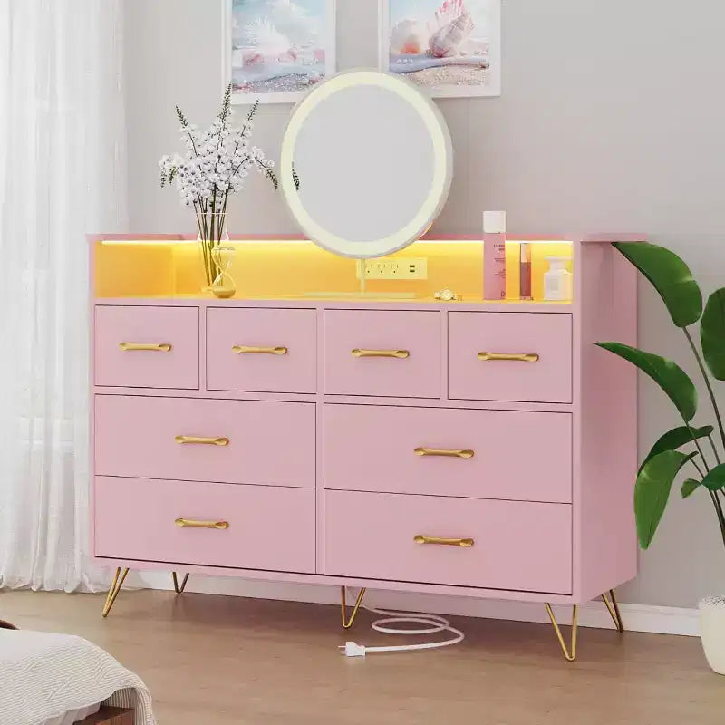 Meuble TV commode, commode de chambre avec lumière LED et station de recharge Centre de divertissement avec rangement 8 tiroirs Commodes en bois avec espace ouvert