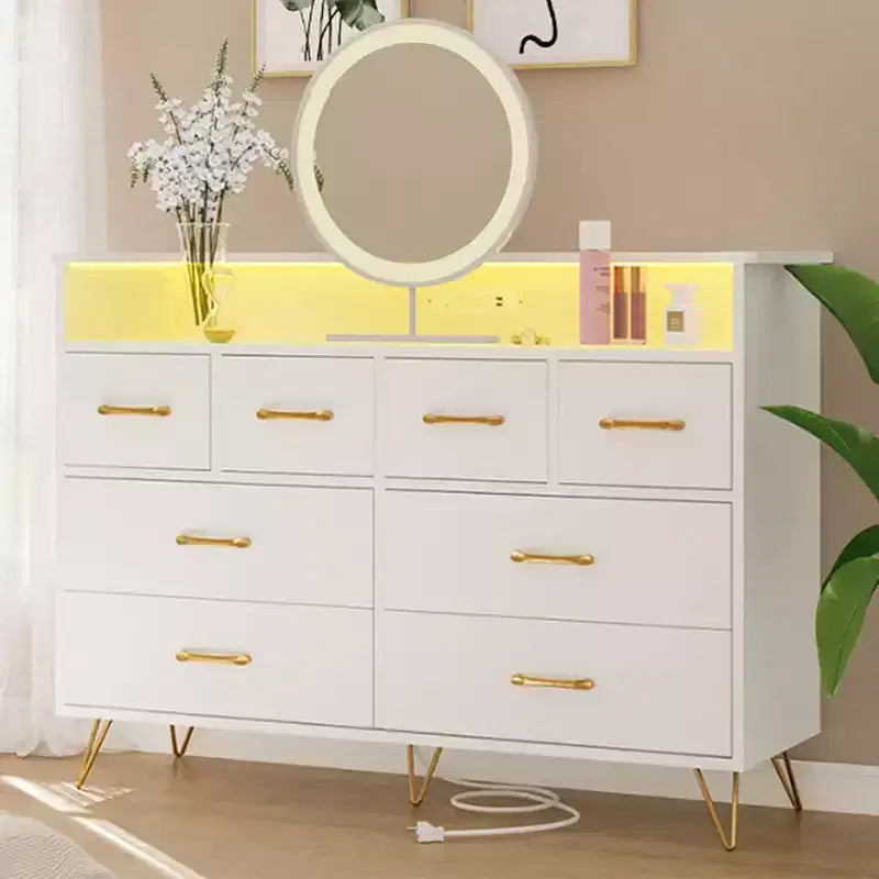Meuble TV commode, commode de chambre avec lumière LED et station de recharge Centre de divertissement avec rangement 8 tiroirs Commodes en bois avec espace ouvert