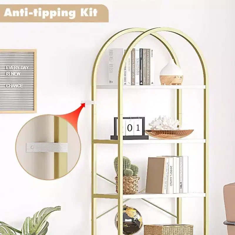 Acekool Bibliothèque à 5 étagères cintrées, étagère de présentation de style ferme en bois de 182 cm de haut, étagère de rangement avec accents métalliques pour salon, bureau, blanc