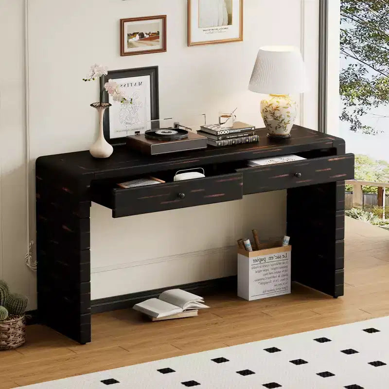 MAYEERTY Console incurvée avec rangement 2 tiroirs Consoles rustiques pour entrée Couloir Noir