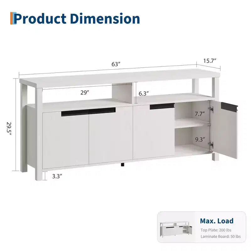 Meuble TV pour téléviseurs jusqu'à 70 pouces, long meuble de divertissement blanc avec 4 portes et étagères ouvertes, meuble console de télévision marron rustique