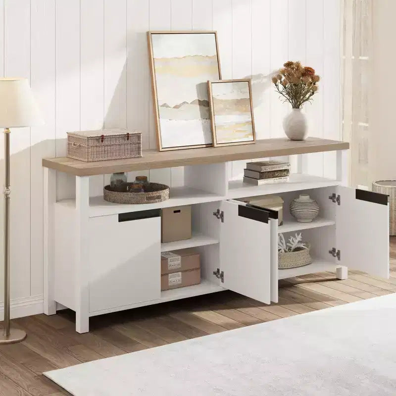 Meuble TV pour téléviseurs jusqu'à 70 pouces, long meuble de divertissement blanc avec 4 portes et étagères ouvertes, meuble console de télévision marron rustique