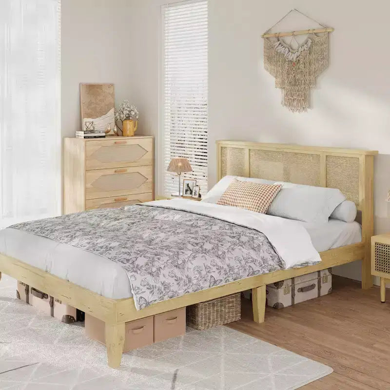 Cadre de lit avec tête de lit en rotin naturel, lattes en bois robustes, plateforme en métal, support de matelas en canne style bohème, aucun sommier tapissier requis, élégant