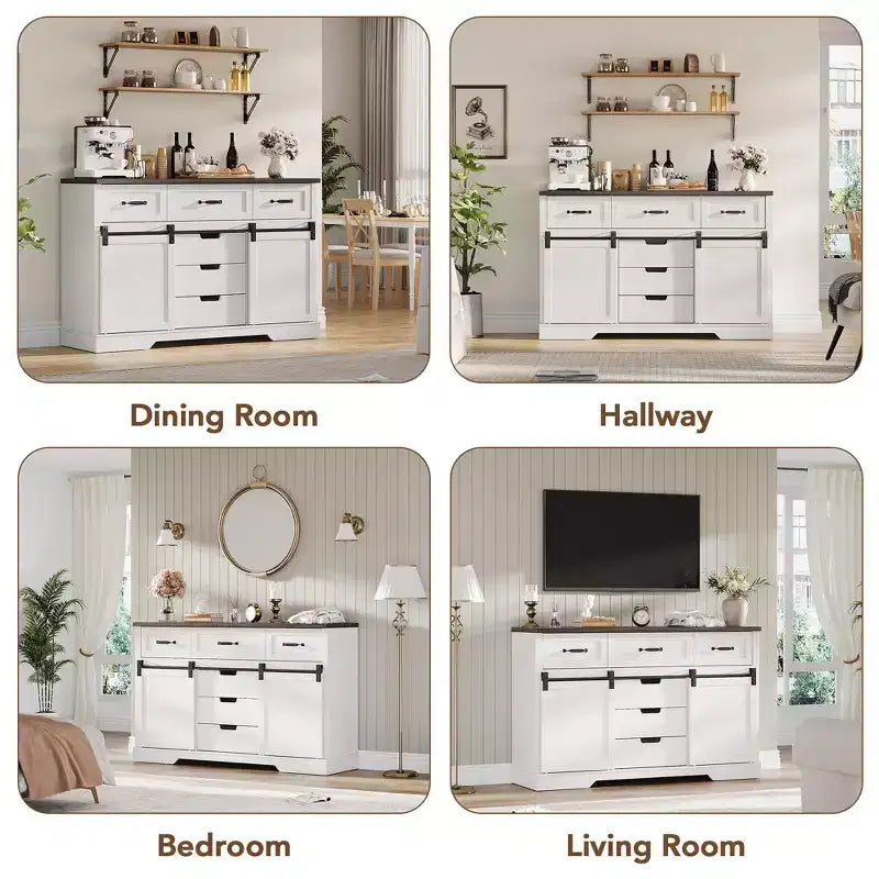Meuble de rangement en bois pour chambre à coucher avec 6 tiroirs et porte coulissante style grange, blanc