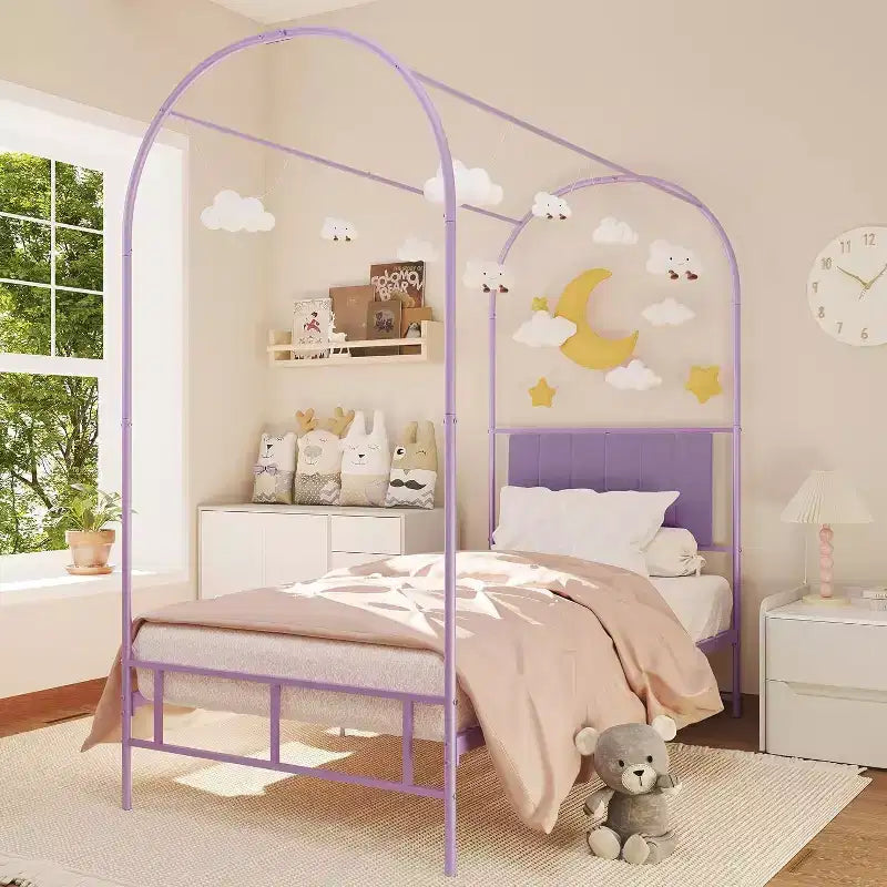 Acekool Lit à baldaquin double avec tête de lit rembourrée, cadre de lit plateforme en métal pour enfants, lattes solides, sommier tapissier non requis