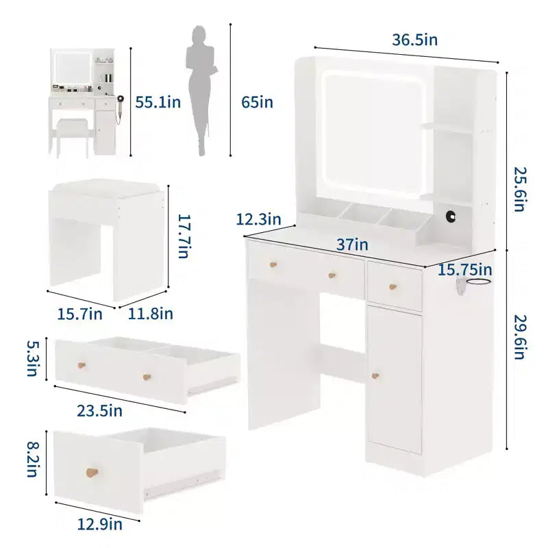 Coiffeuse GustoWave avec miroir et lumières, prise de courant, ensemble de coiffeuse de maquillage avec tabouret, 3 modes d'éclairage, luminosité réglable, table de maquillage