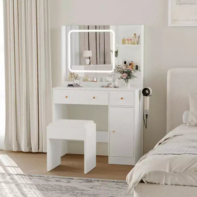 Coiffeuse GustoWave avec miroir et lumières, prise de courant, ensemble de coiffeuse de maquillage avec tabouret, 3 modes d'éclairage, luminosité réglable, table de maquillage