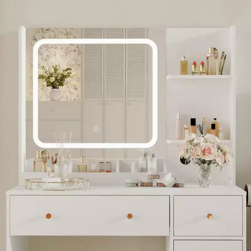 Coiffeuse GustoWave avec miroir et lumières, prise de courant, ensemble de coiffeuse de maquillage avec tabouret, 3 modes d'éclairage, luminosité réglable, table de maquillage