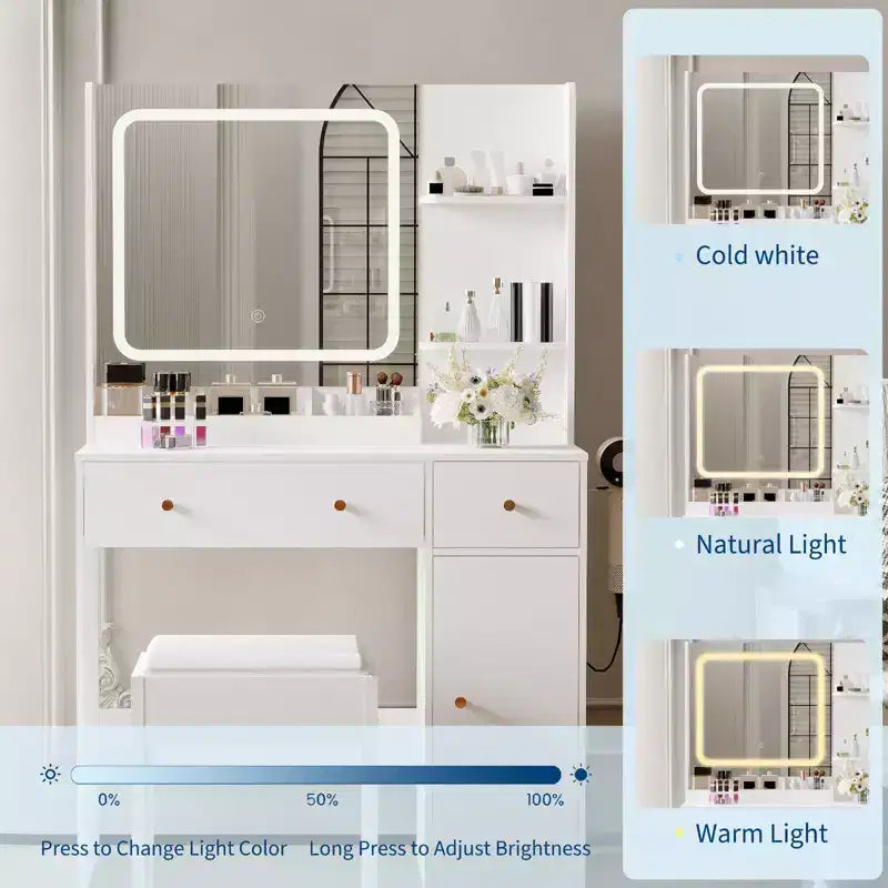 Coiffeuse GustoWave avec miroir et lumières, prise de courant, ensemble de coiffeuse de maquillage avec tabouret, 3 modes d'éclairage, luminosité réglable, table de maquillage