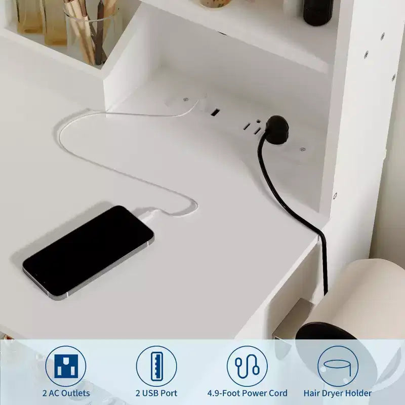 Coiffeuse GustoWave avec miroir et lumières, prise de courant, ensemble de coiffeuse de maquillage avec tabouret, 3 modes d'éclairage, luminosité réglable, table de maquillage