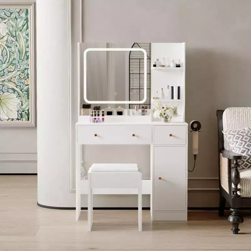 Coiffeuse GustoWave avec miroir et lumières, prise de courant, ensemble de coiffeuse de maquillage avec tabouret, 3 modes d'éclairage, luminosité réglable, table de maquillage