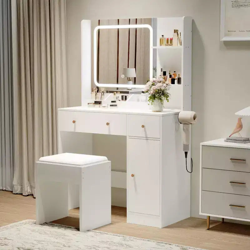 Coiffeuse GustoWave avec miroir et lumières, prise de courant, ensemble de coiffeuse de maquillage avec tabouret, 3 modes d'éclairage, luminosité réglable, table de maquillage