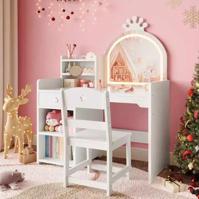 Table et Chaise de Coiffeuse pour Enfants avec Miroir et Lumières, Tiroir et Étagères Ouvertes, Coiffeuse en Bois pour Petites Filles