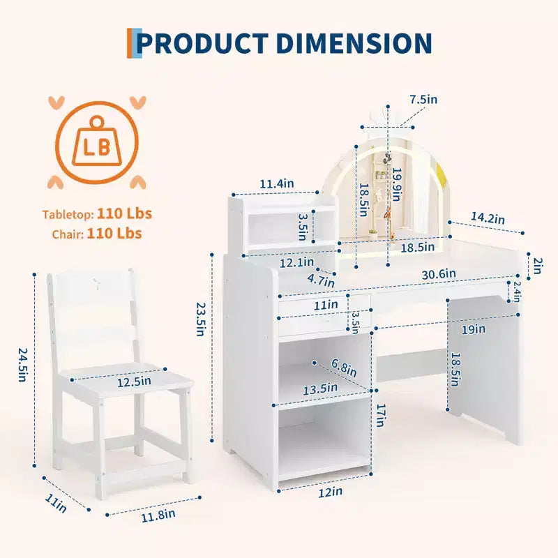 Table et Chaise de Coiffeuse pour Enfants avec Miroir et Lumières, Tiroir et Étagères Ouvertes, Coiffeuse en Bois pour Petites Filles