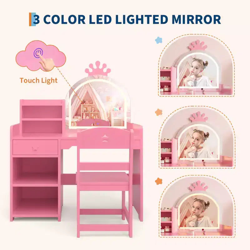 Table et Chaise de Coiffeuse pour Enfants avec Miroir et Lumières, Tiroir et Étagères Ouvertes, Coiffeuse en Bois pour Petites Filles