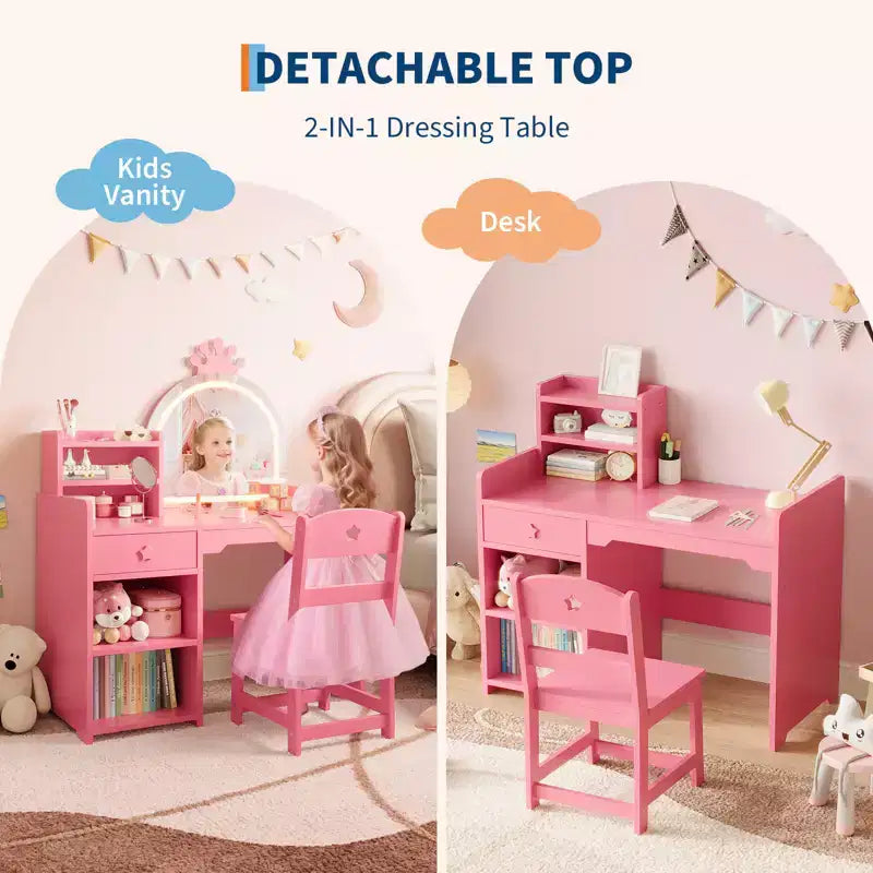 Table et Chaise de Coiffeuse pour Enfants avec Miroir et Lumières, Tiroir et Étagères Ouvertes, Coiffeuse en Bois pour Petites Filles