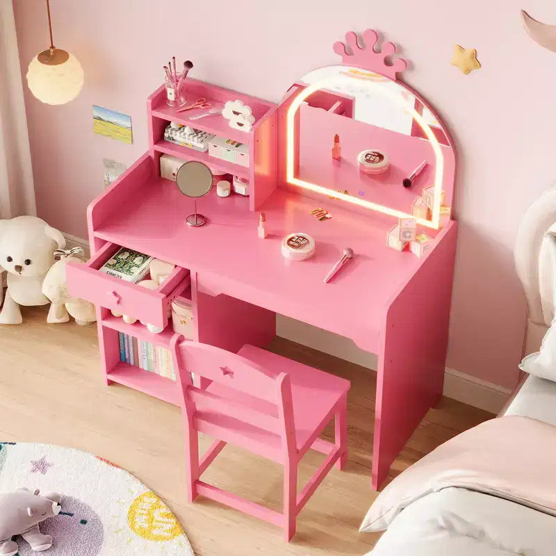 Table et Chaise de Coiffeuse pour Enfants avec Miroir et Lumières, Tiroir et Étagères Ouvertes, Coiffeuse en Bois pour Petites Filles