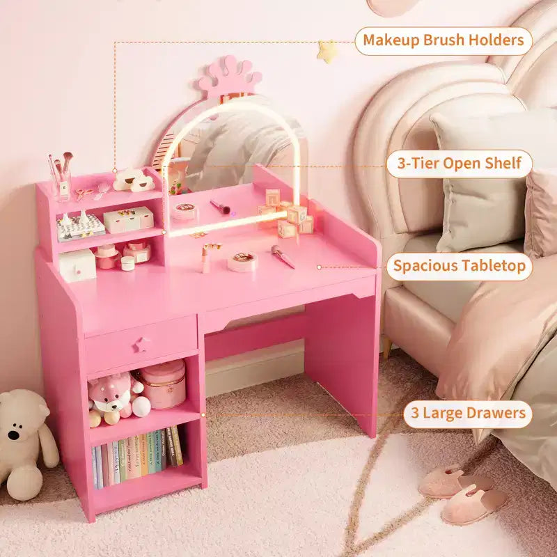 Table et Chaise de Coiffeuse pour Enfants avec Miroir et Lumières, Tiroir et Étagères Ouvertes, Coiffeuse en Bois pour Petites Filles