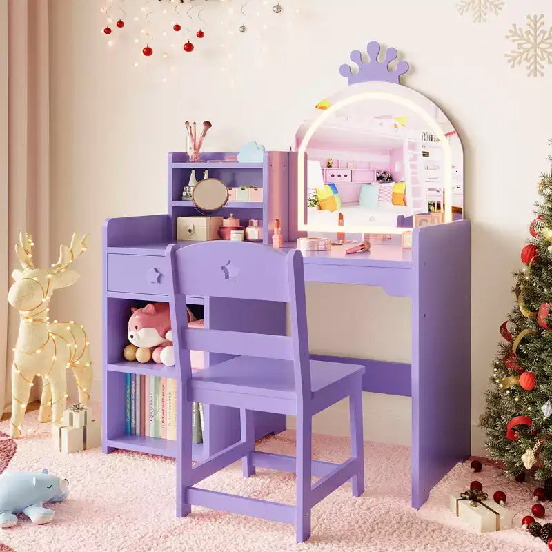 Table et Chaise de Coiffeuse pour Enfants avec Miroir et Lumières, Tiroir et Étagères Ouvertes, Coiffeuse en Bois pour Petites Filles