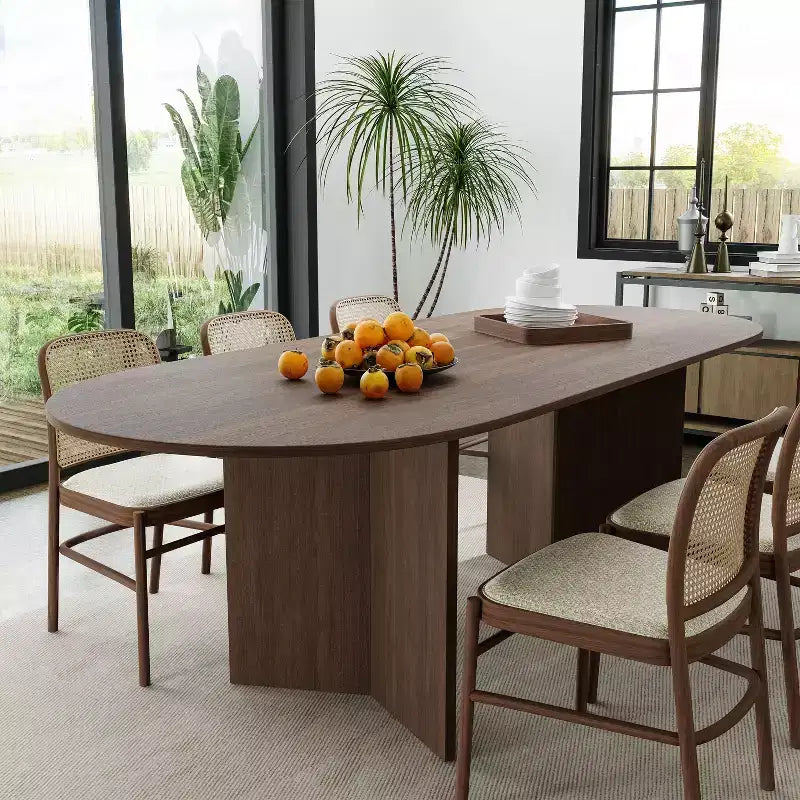 PexFix 79 x 33,5 Table de Salle à Manger de Ferme en Bois Massif avec Pieds en V et Plateau Ovale en Bois pour Salles à Manger Modernes et Réunions de Famille Noyer