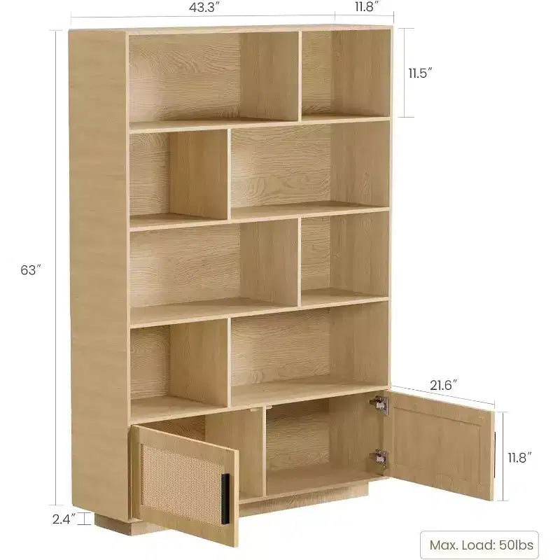 Bibliothèque Acekool en rotin avec portes, étagère de rangement style bohème et rustique à 5 niveaux, armoire fermée, base en bois, 160 cm, pour salon, chambre, bureau