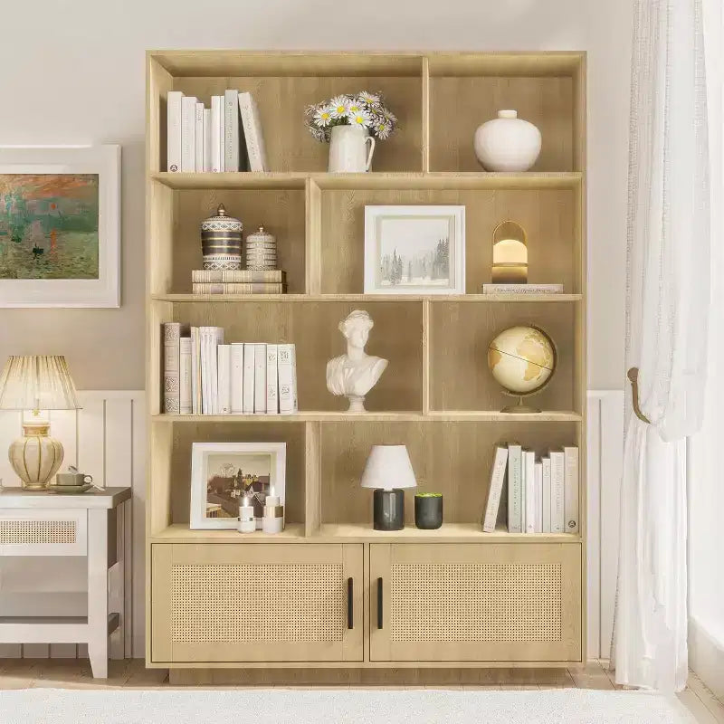 Bibliothèque Acekool en rotin avec portes, étagère de rangement style bohème et rustique à 5 niveaux, armoire fermée, base en bois, 160 cm, pour salon, chambre, bureau