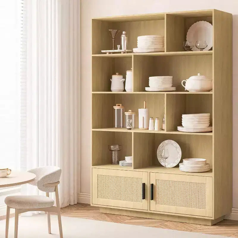 Bibliothèque Acekool en rotin avec portes, étagère de rangement style bohème et rustique à 5 niveaux, armoire fermée, base en bois, 160 cm, pour salon, chambre, bureau