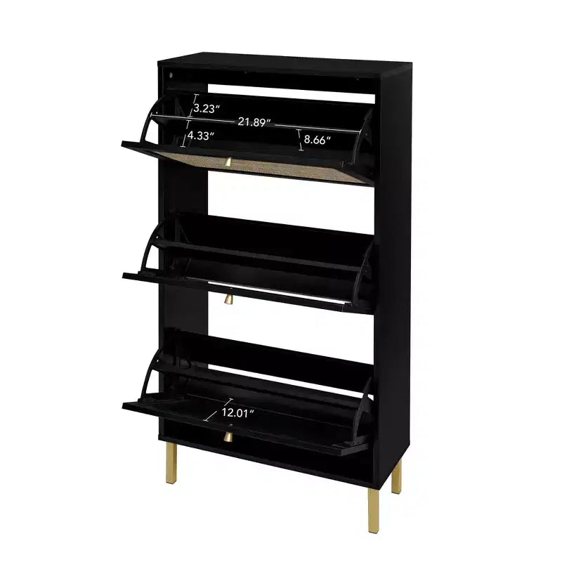 MAYEERTY Meuble à chaussures en rotin à 3 portes, meuble de rangement pour chaussures moderne et autoportant pour entrée, noir