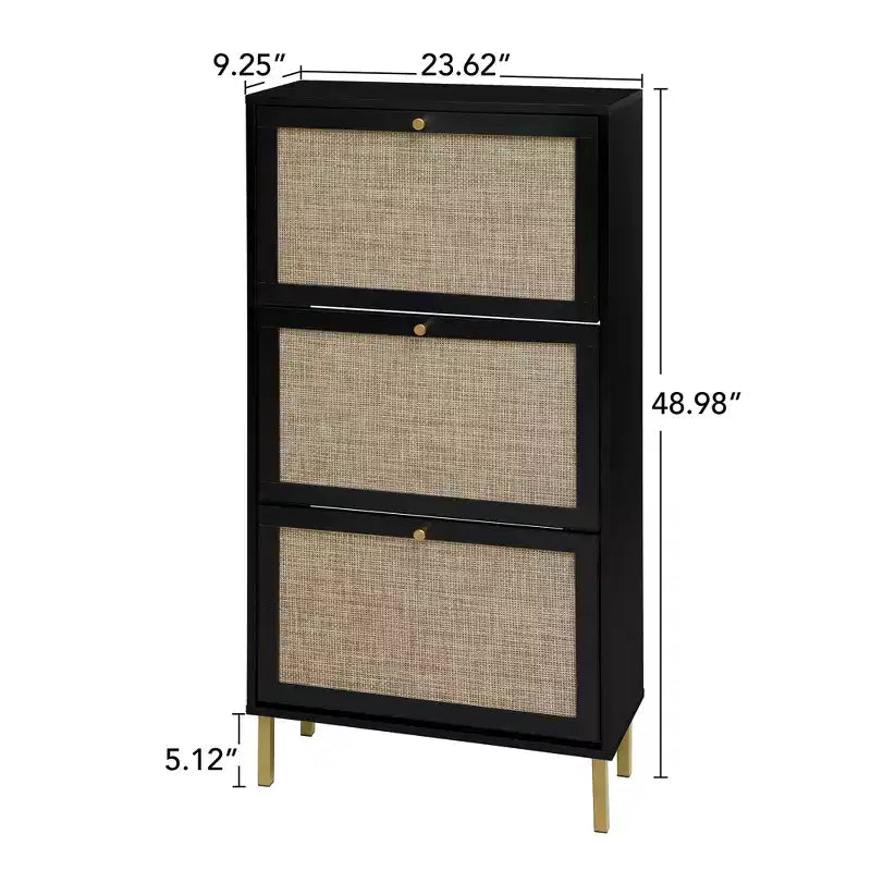 MAYEERTY Meuble à chaussures en rotin à 3 portes, meuble de rangement pour chaussures moderne et autoportant pour entrée, noir