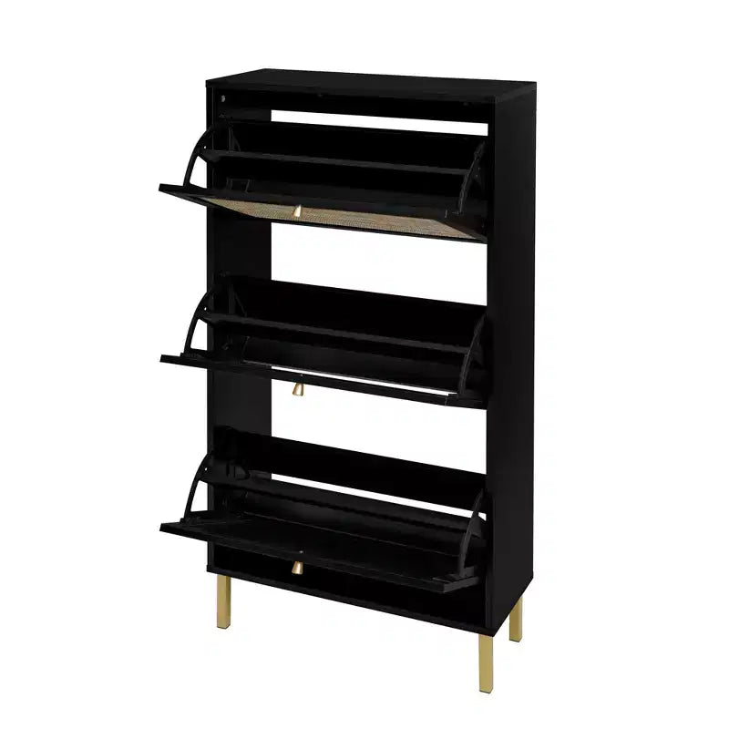 MAYEERTY Meuble à chaussures en rotin à 3 portes, meuble de rangement pour chaussures moderne et autoportant pour entrée, noir