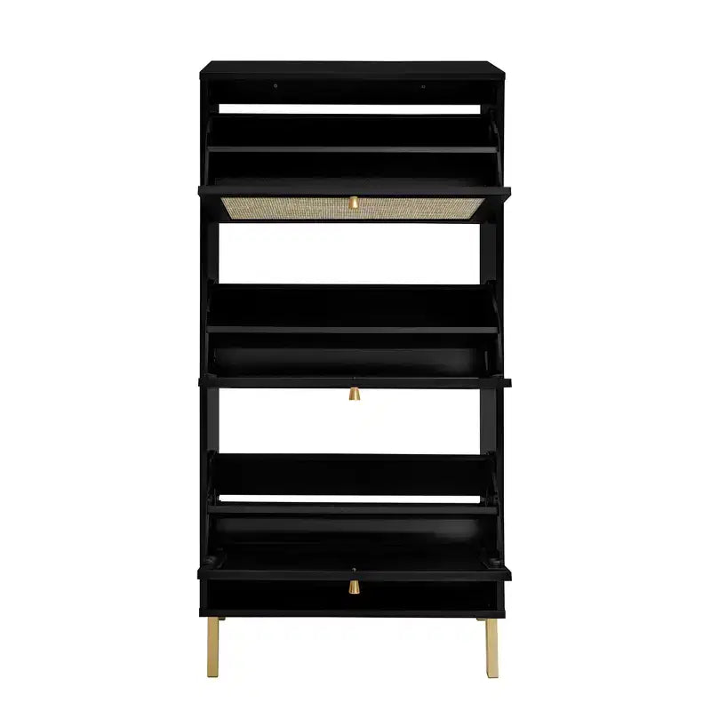 MAYEERTY Meuble à chaussures en rotin à 3 portes, meuble de rangement pour chaussures moderne et autoportant pour entrée, noir