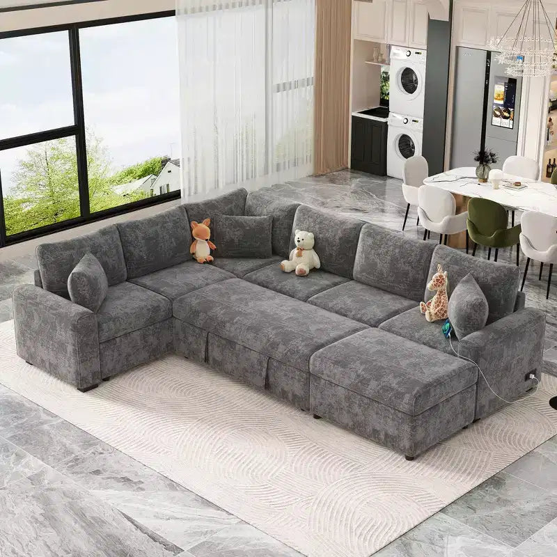 CLIHOME 112.2 Canapé d'angle moderne convertible avec pouf de rangement et trois oreillers