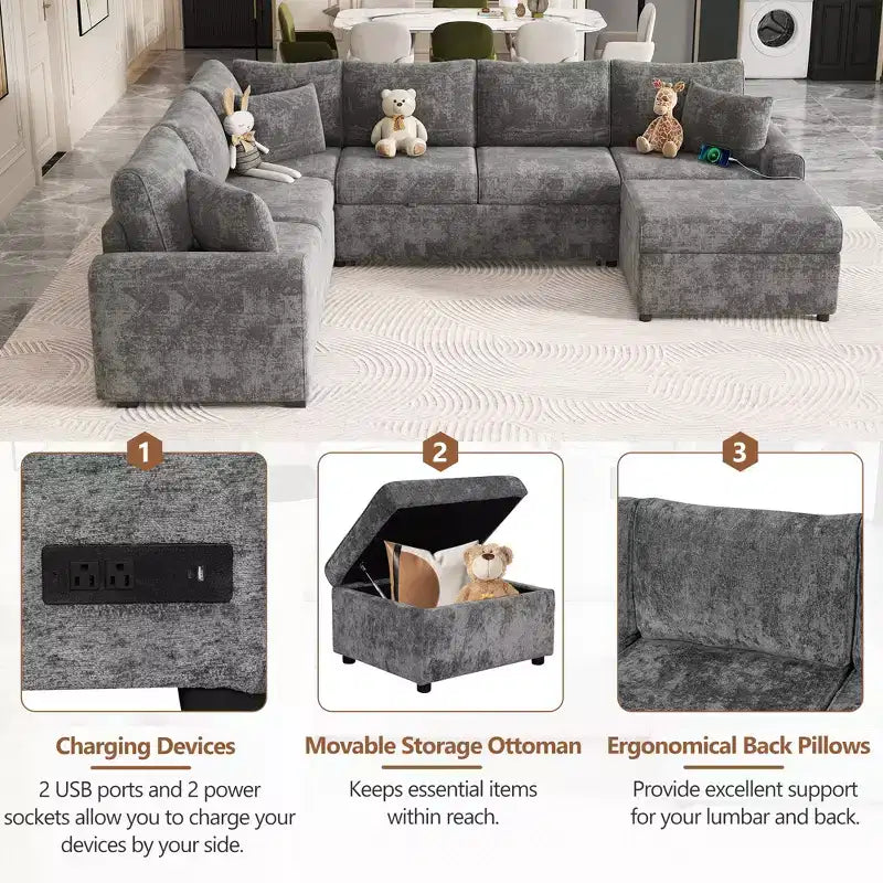 CLIHOME 112.2 Canapé d'angle moderne convertible avec pouf de rangement et trois oreillers