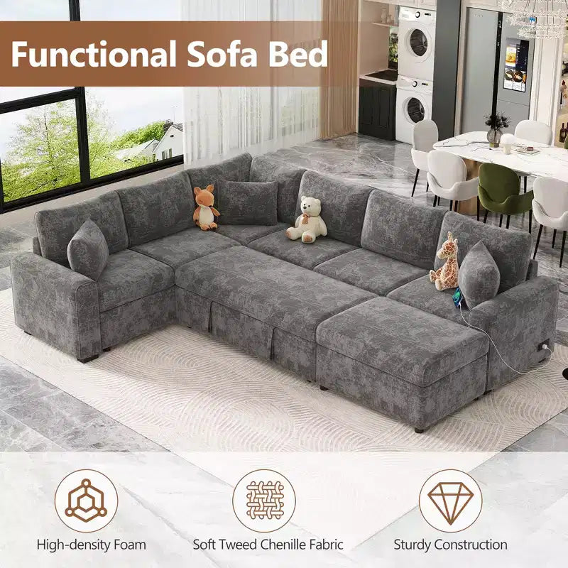 CLIHOME 112.2 Canapé d'angle moderne convertible avec pouf de rangement et trois oreillers
