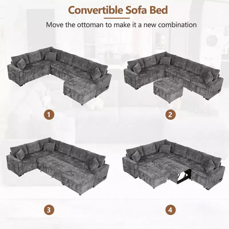 CLIHOME 112.2 Canapé d'angle moderne convertible avec pouf de rangement et trois oreillers