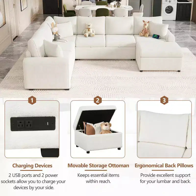 CLIHOME 112.2 Canapé d'angle moderne convertible avec pouf de rangement et trois oreillers