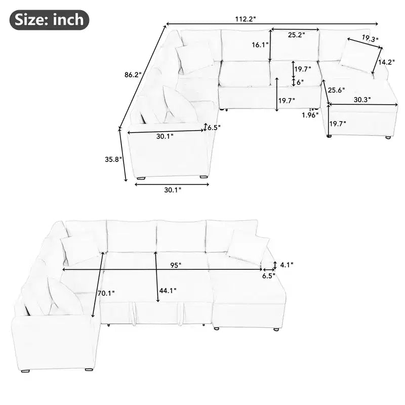 CLIHOME 112.2 Canapé d'angle moderne convertible avec pouf de rangement et trois oreillers