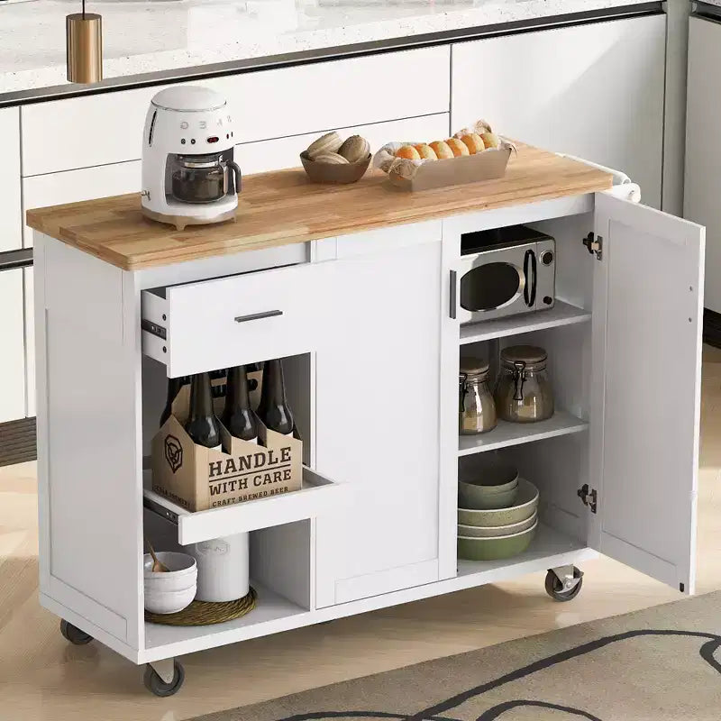 MAYEERTY Îlot de Cuisine avec Comptoir Pliable Chariot de Rangement de Cuisine avec Étagère Coulissante Porte-Serviettes et Tiroir Chariot de Cuisine Roulant sur Roues Blanc