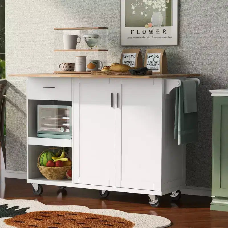 MAYEERTY Îlot de Cuisine avec Comptoir Pliable Chariot de Rangement de Cuisine avec Étagère Coulissante Porte-Serviettes et Tiroir Chariot de Cuisine Roulant sur Roues Blanc