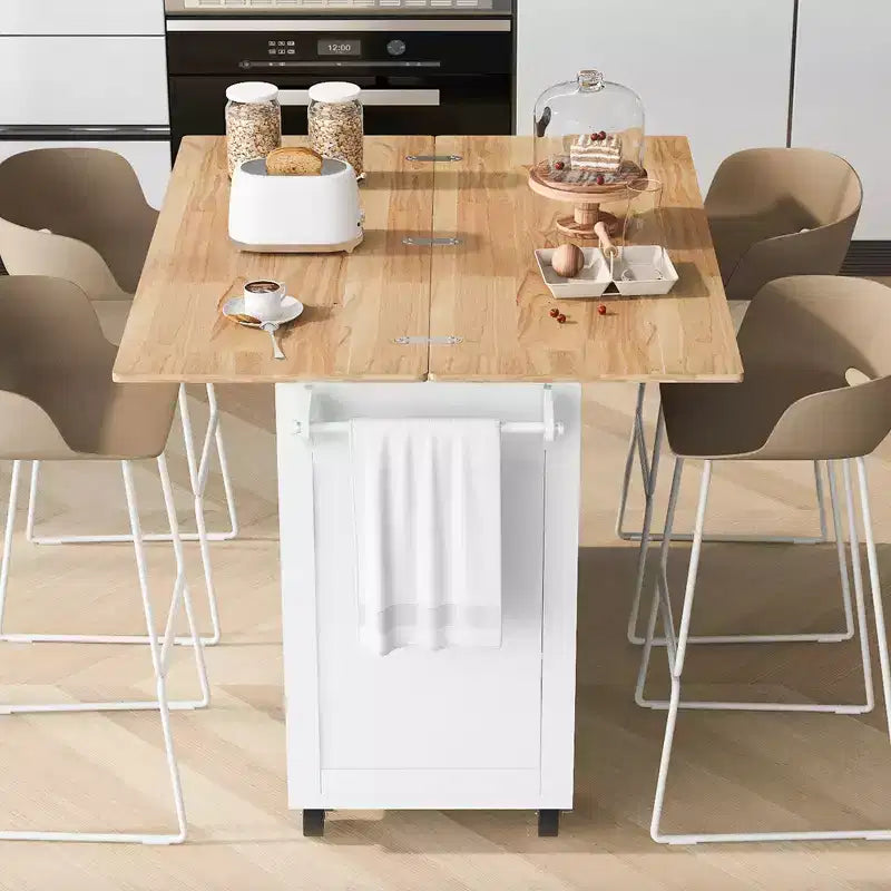 MAYEERTY Îlot de Cuisine avec Comptoir Pliable Chariot de Rangement de Cuisine avec Étagère Coulissante Porte-Serviettes et Tiroir Chariot de Cuisine Roulant sur Roues Blanc