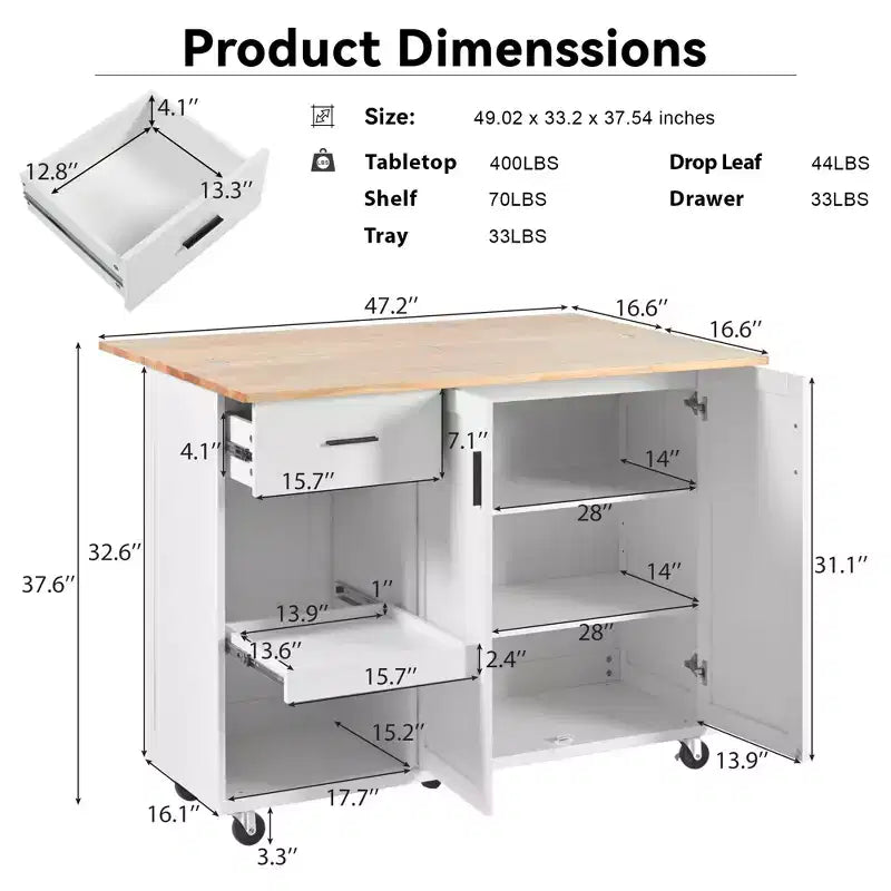 MAYEERTY Îlot de Cuisine avec Comptoir Pliable Chariot de Rangement de Cuisine avec Étagère Coulissante Porte-Serviettes et Tiroir Chariot de Cuisine Roulant sur Roues Blanc