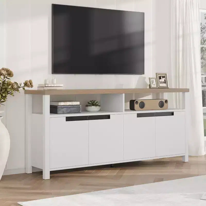 Meuble TV Acekool 63" pour téléviseurs jusqu'à 70", console média de style rustique avec placards de rangement et étagères réglables, centre de divertissement