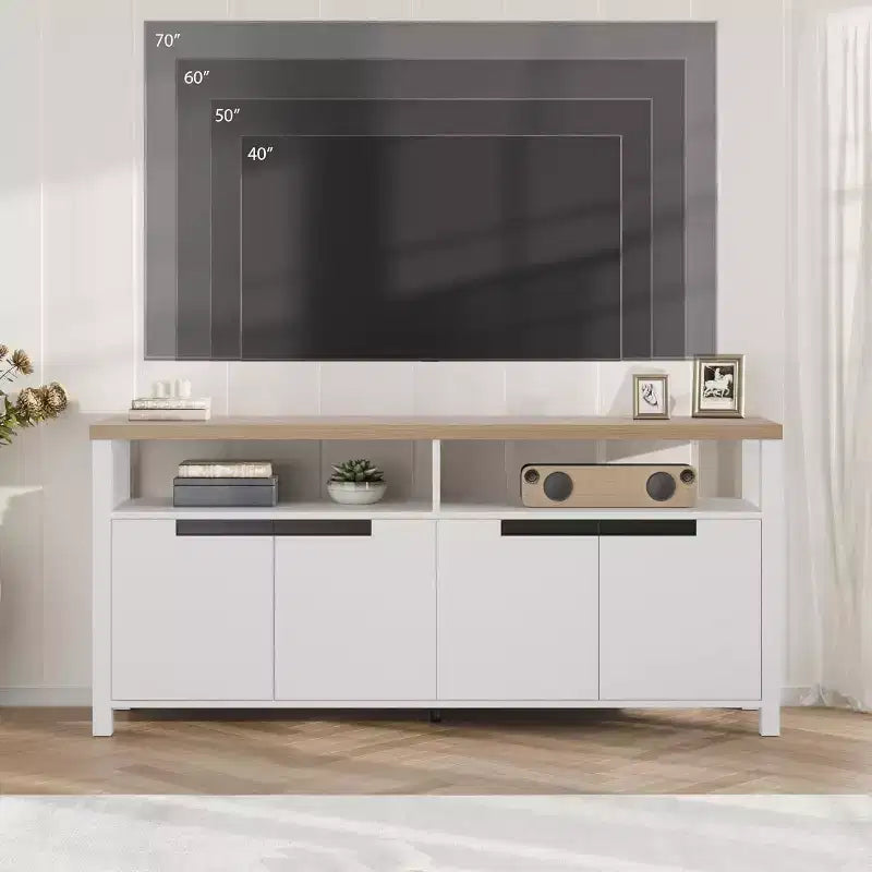 Meuble TV Acekool 63" pour téléviseurs jusqu'à 70", console média de style rustique avec placards de rangement et étagères réglables, centre de divertissement
