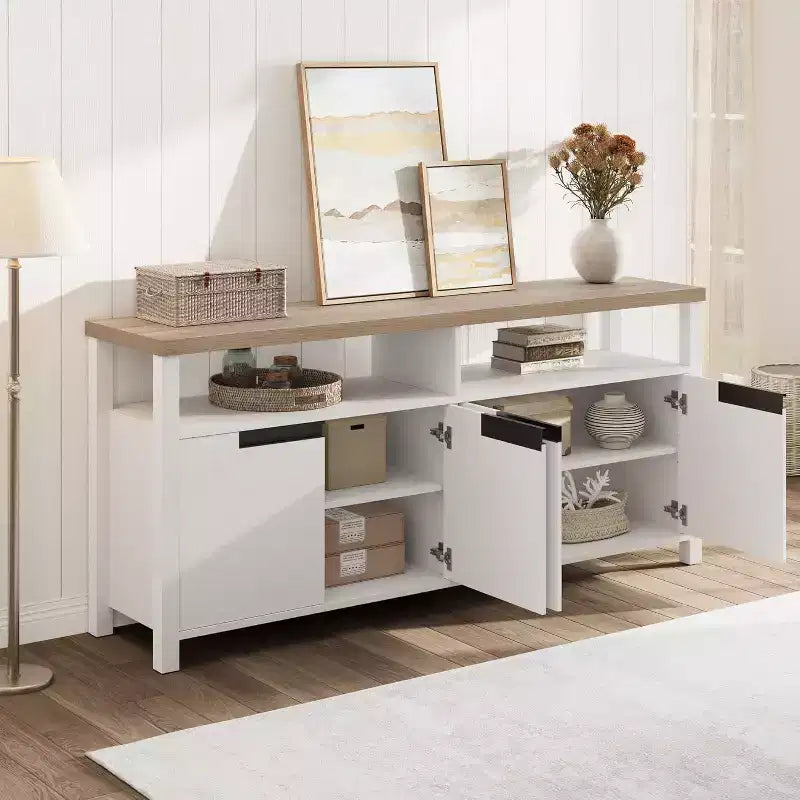 Meuble TV Acekool 63" pour téléviseurs jusqu'à 70", console média de style rustique avec placards de rangement et étagères réglables, centre de divertissement