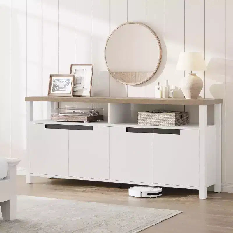 Meuble TV Acekool 63" pour téléviseurs jusqu'à 70", console média de style rustique avec placards de rangement et étagères réglables, centre de divertissement