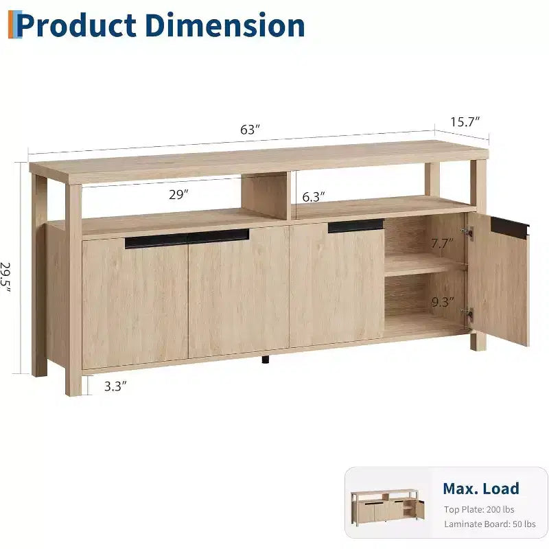 Meuble TV Acekool 63" pour téléviseurs jusqu'à 70", console média de style rustique avec placards de rangement et étagères réglables, centre de divertissement
