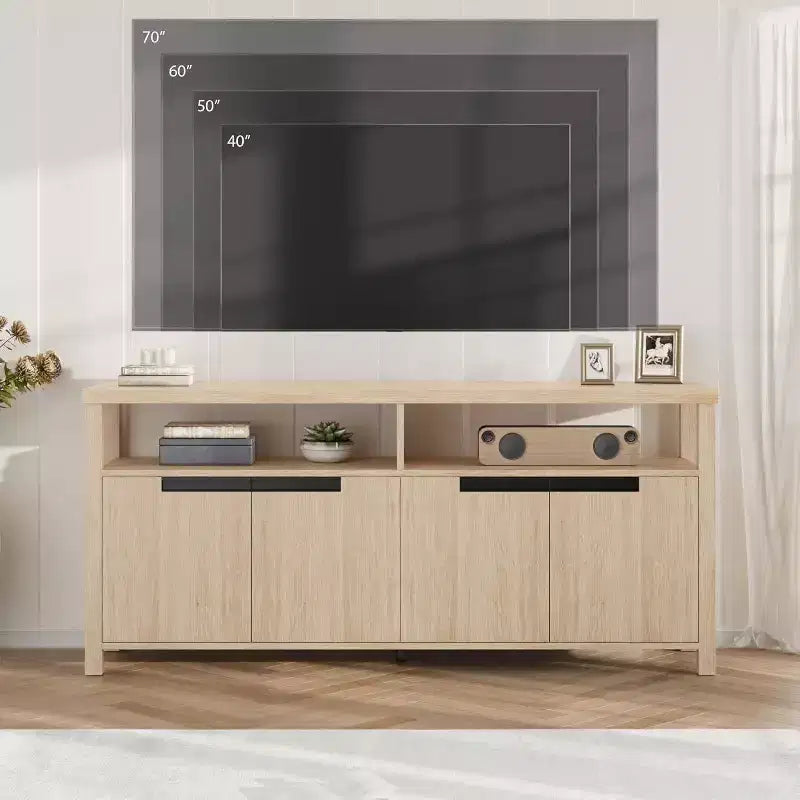 Meuble TV Acekool 63" pour téléviseurs jusqu'à 70", console média de style rustique avec placards de rangement et étagères réglables, centre de divertissement