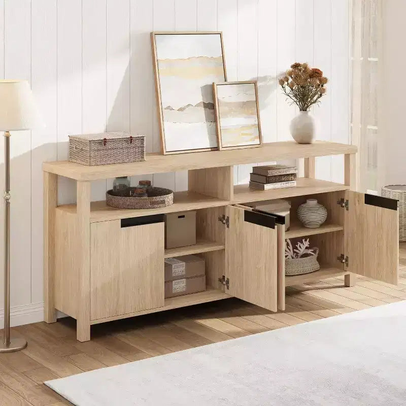 Meuble TV Acekool 63" pour téléviseurs jusqu'à 70", console média de style rustique avec placards de rangement et étagères réglables, centre de divertissement