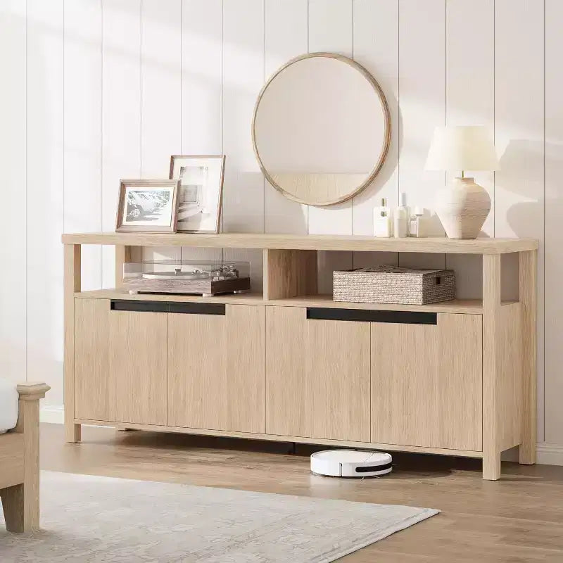Meuble TV Acekool 63" pour téléviseurs jusqu'à 70", console média de style rustique avec placards de rangement et étagères réglables, centre de divertissement